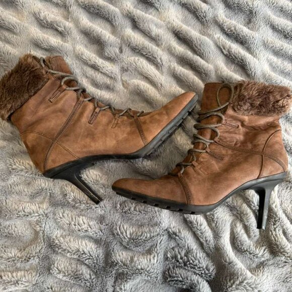Colin Stuart Brown Genuine Leather Heel stiletto Boots Faux Fur Pointed Toe 7M - Picture 2 of 13